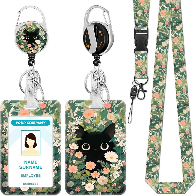 Hancynir Lanyards for Id Badges, Cat Flower Floral Badge Holder with Retractable Reel Clip, Cute Work Name Tags Keychain Lanyard ID Card Protector Cover Case for Women Teacher Nurse Doctor Office - Image 1